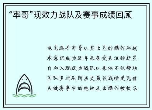 “率哥”现效力战队及赛事成绩回顾