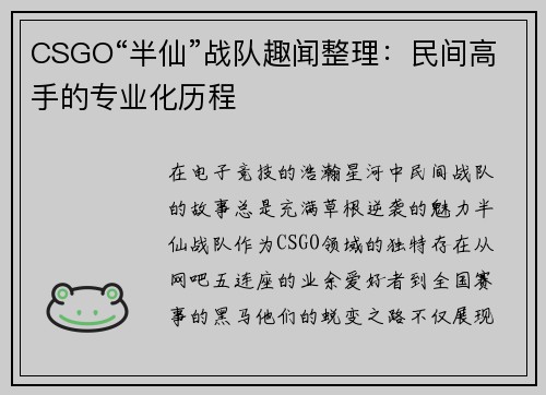 CSGO“半仙”战队趣闻整理：民间高手的专业化历程